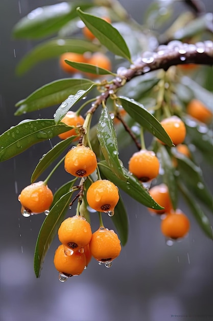 A tree with orange berries on it with rain drops on it