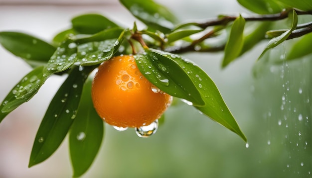 a tree with a orange on it and water drops on it