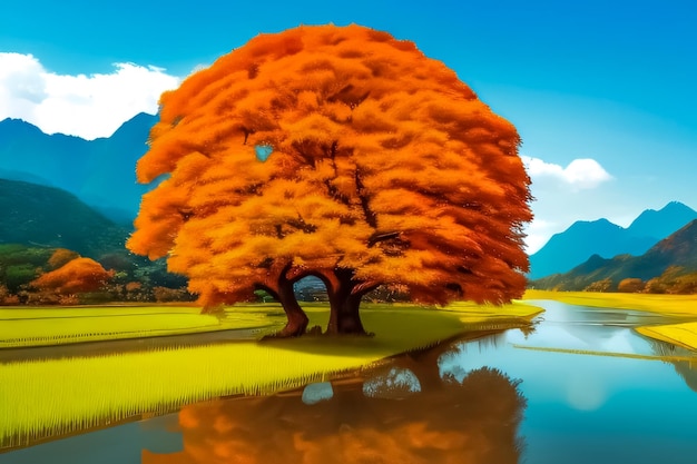 A tree with orange leaves and a blue sky in the background