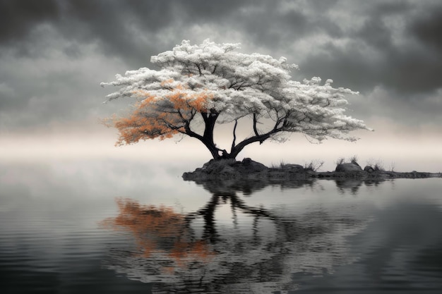 A tree with orange leaves and a cloudy sky