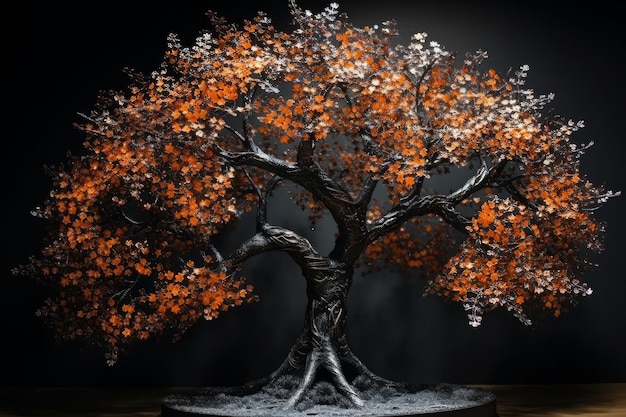 A tree with orange leaves is shown in a black background.