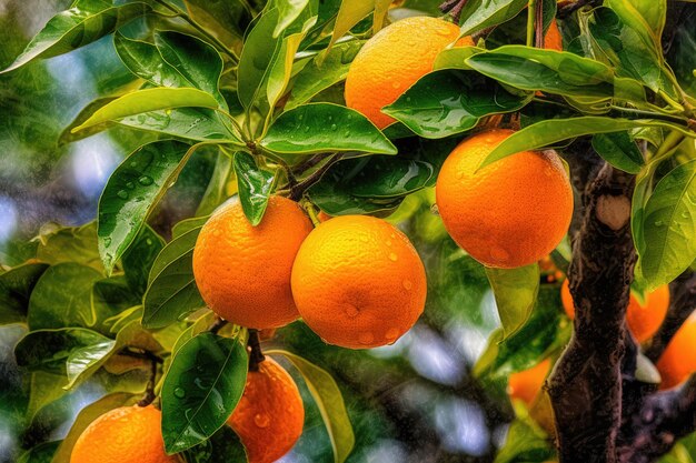 A tree with oranges on it and the leaves are green.