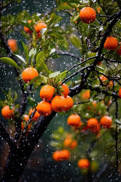 A tree with oranges on it and the rain is falling.