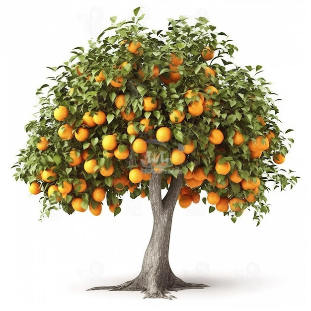 A tree with oranges on it and a white background.