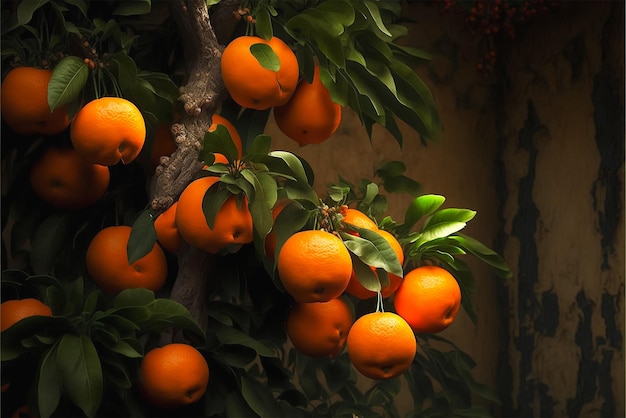 A tree with oranges on it and the word orange on the bottom