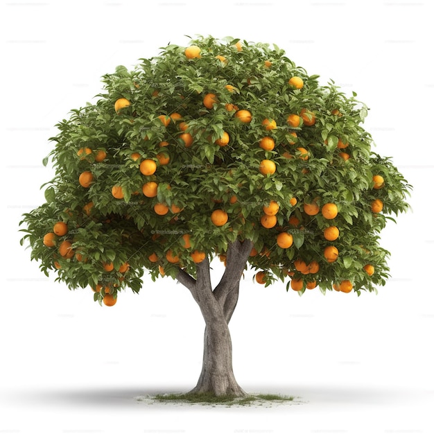 A tree with oranges on it and the word orange on the bottom