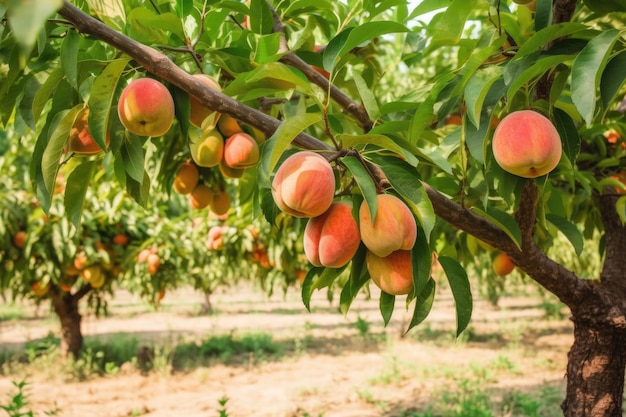 Tree with peach fruit at the peach orchard
