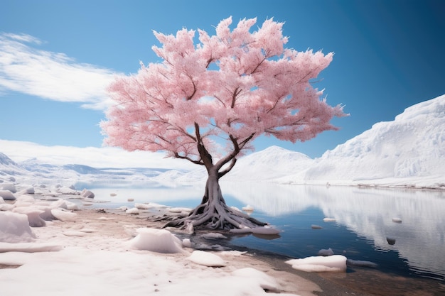 a tree with pink blossoms on the ground by water