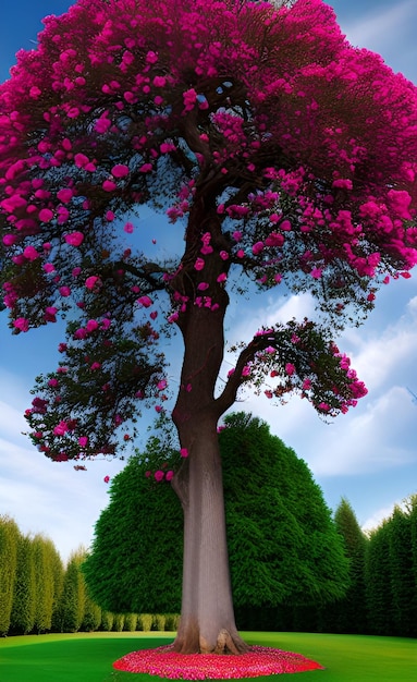 A tree with pink flowers and a blue sky