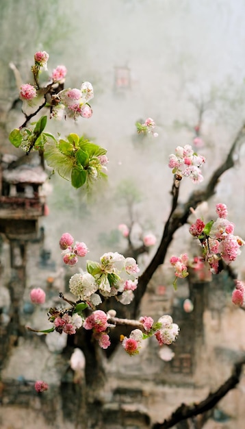 A tree with pink flowers in the foreground