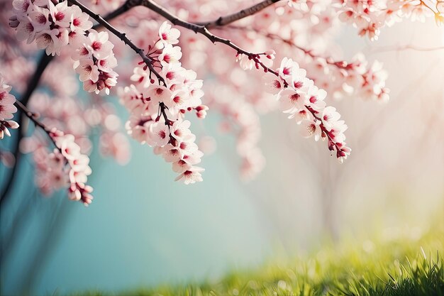 草の中のピンクの花とその後ろの青い空の木