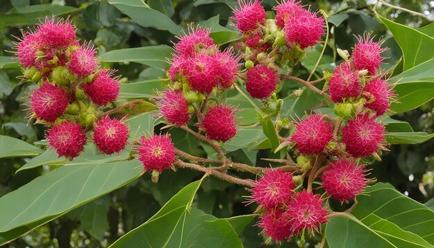 Photo a tree with pink flowers and green leaves