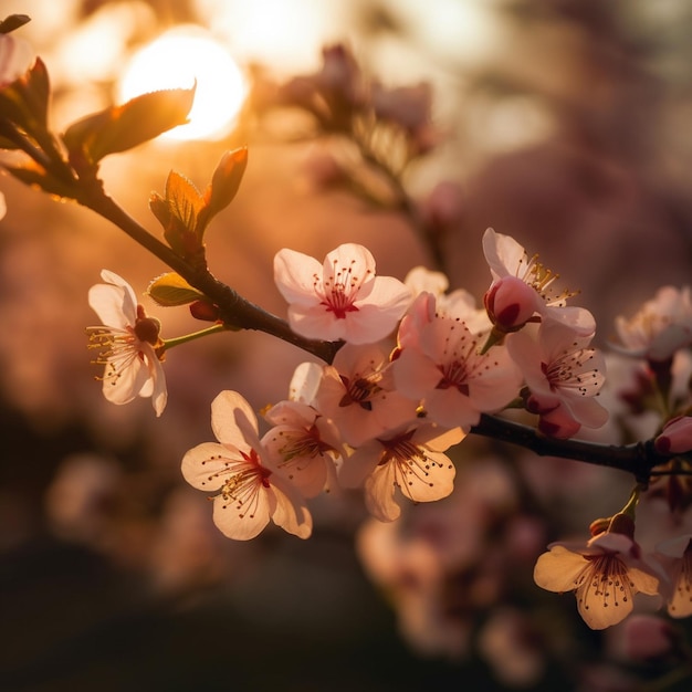 ピンクの花が咲く木が太陽の光を浴びています。