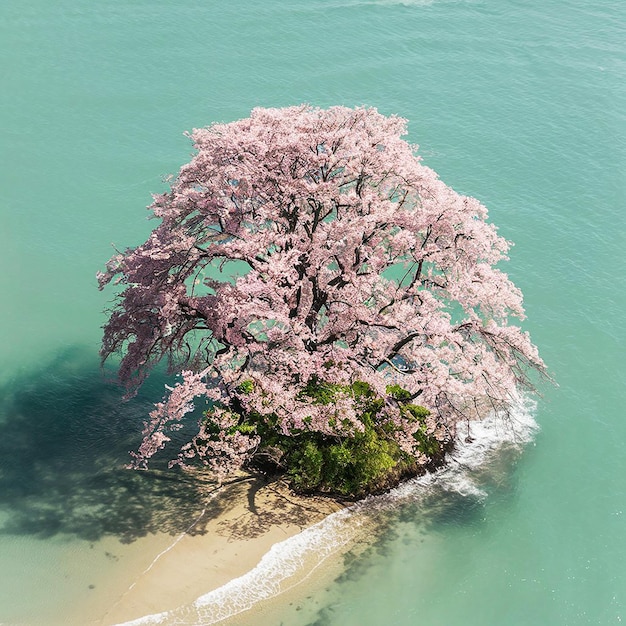 дерево с розовыми цветами находится в воде, а берег находится на заднем плане.