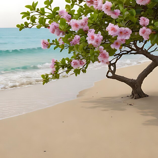 a tree with pink flowers on it is in the sand