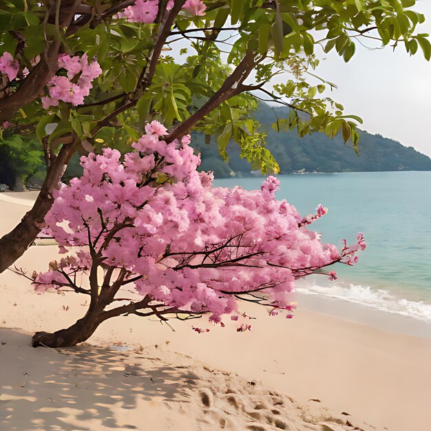 Foto un albero con fiori rosa su di esso è nella sabbia