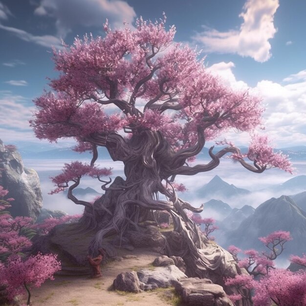 a tree with pink flowers on it is standing on a mountain.