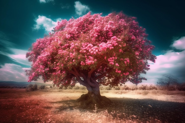 A tree with pink flowers in the middle of a field