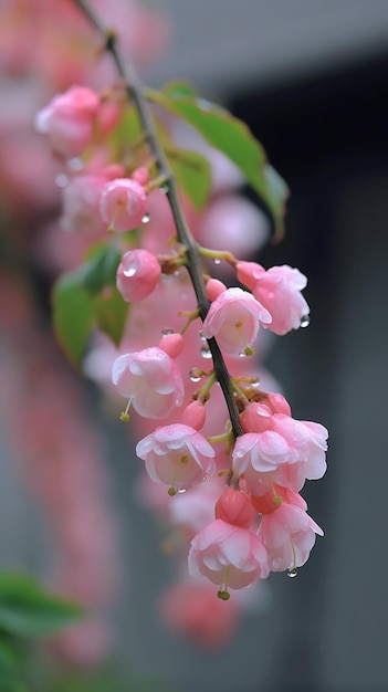 A tree with pink flowers in the rain.