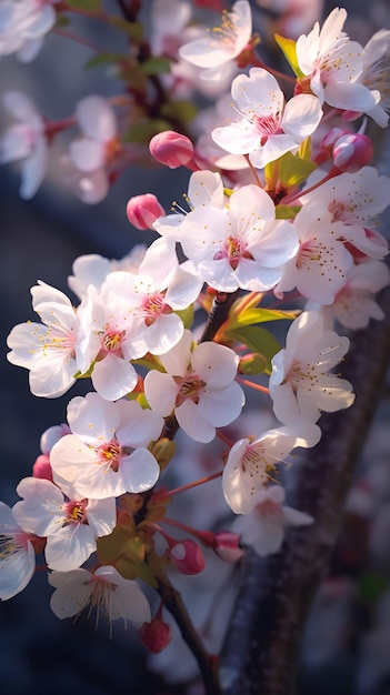 太陽の下でピンクの花が咲く木