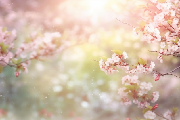 太陽の光にピンクの花がく木