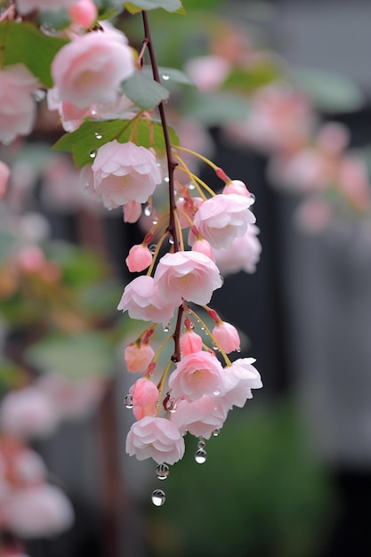 A tree with pink flowers with the raindrops on it.