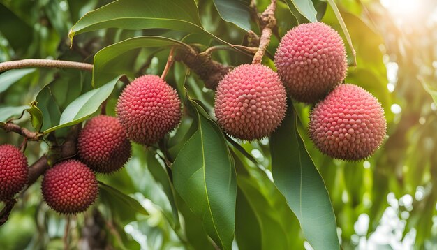 Photo a tree with pink fruit and green leaves