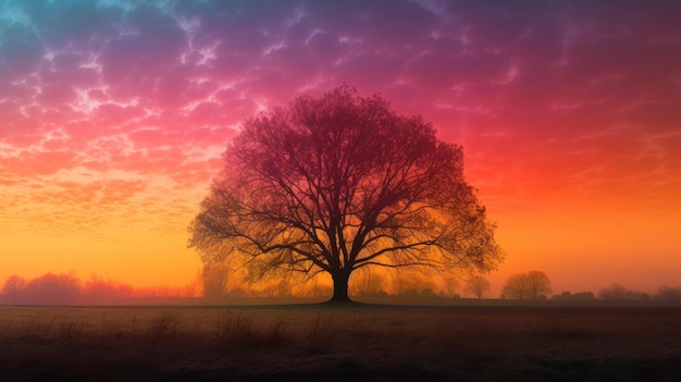 A tree with a pink and orange sky and the sun is setting.