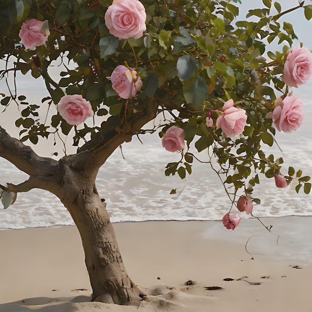 Foto un albero con rose rosa su di esso è nella sabbia