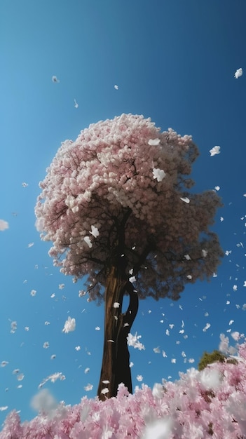 A tree with pink snow on it