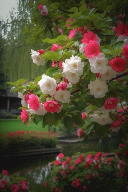 A tree with pink and white flowers