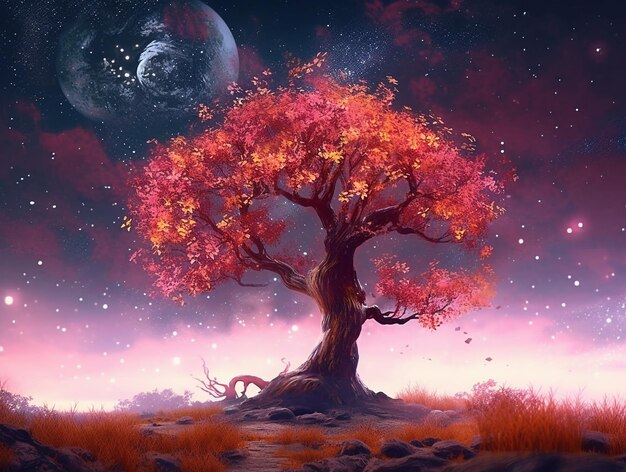 A tree with a planet in the background