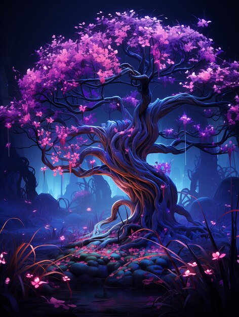 a tree with purple flowers in a dark forest generative ai