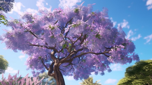 真ん中に紫の花が咲いている木
