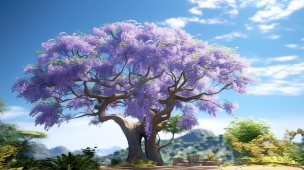 중앙에 보라색 꽃이 있는 나무