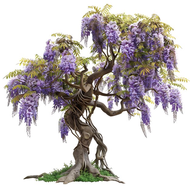 Photo a tree with purple flowers and a skeleton on it