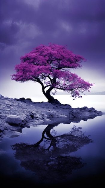 a tree with purple leaves is reflected in the water