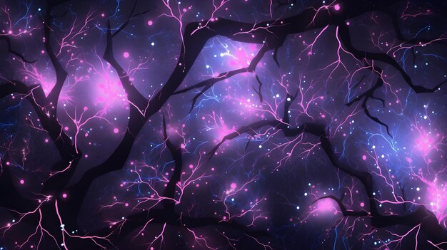 A tree with purple and pink lights in the dark