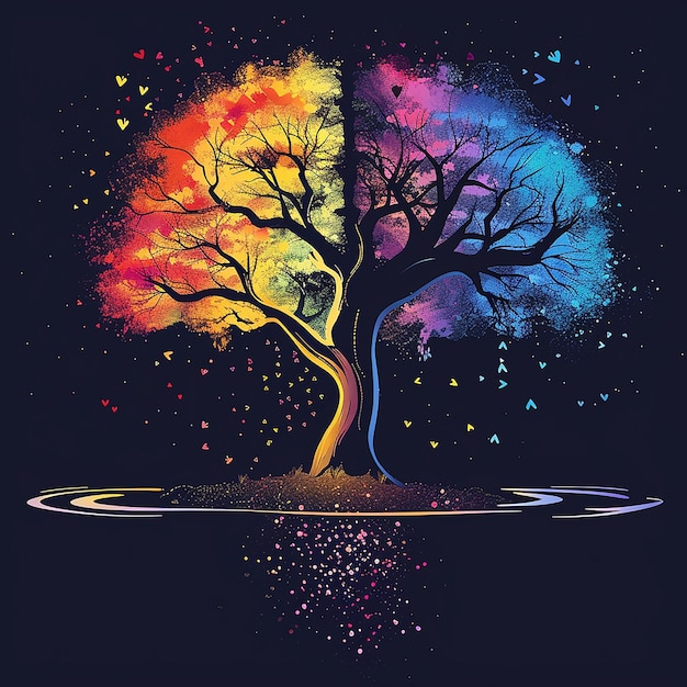 a tree with a rainbow in the background