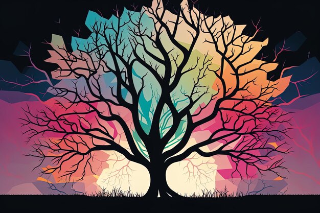 A tree with a rainbow colored background