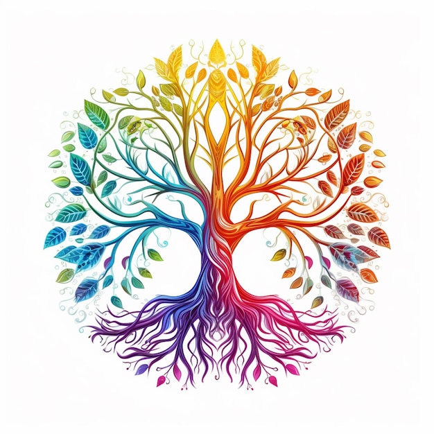 a tree with a rainbow colored roots and leaves in a circle generative ai