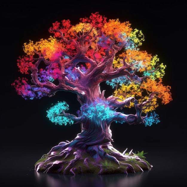 A tree with a rainbow colored trunk and roots on a black background generative ai