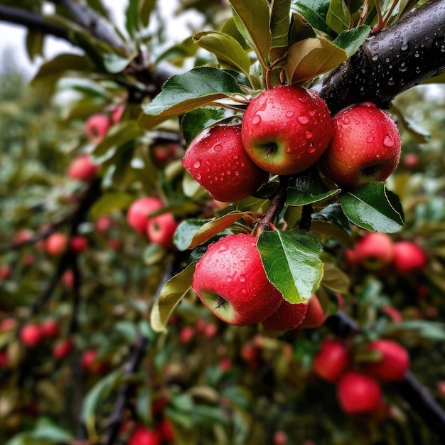 赤いリンゴが実り、葉が雨粒で覆われている木。