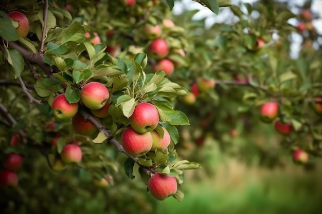 A tree with red apples on it and the leaves are green.