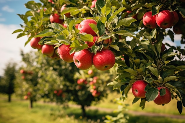 A tree with red apples on it