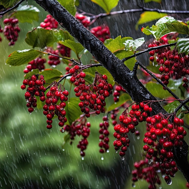 A tree with red berries in the rain