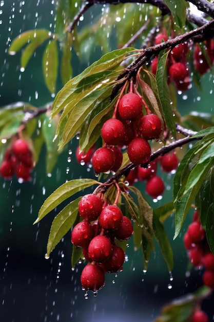 A tree with red berries in the rain