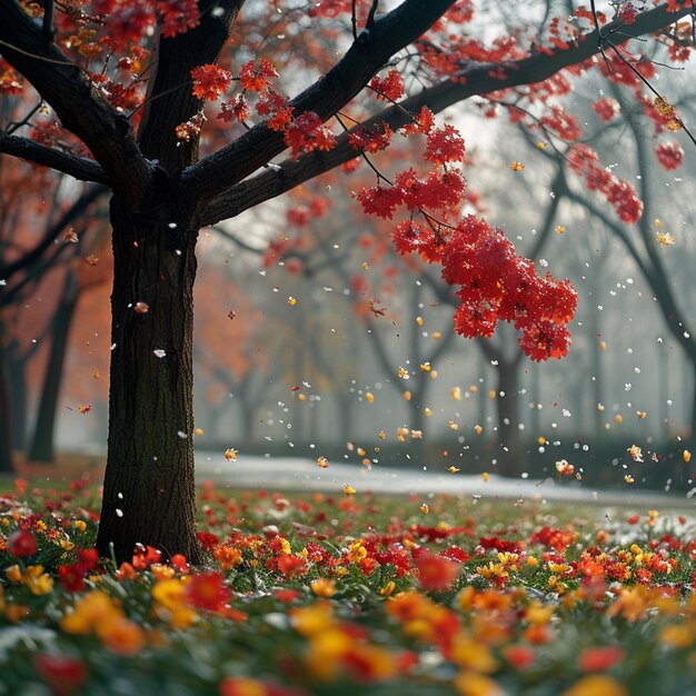 Photo a tree with a red flower in the middle of it