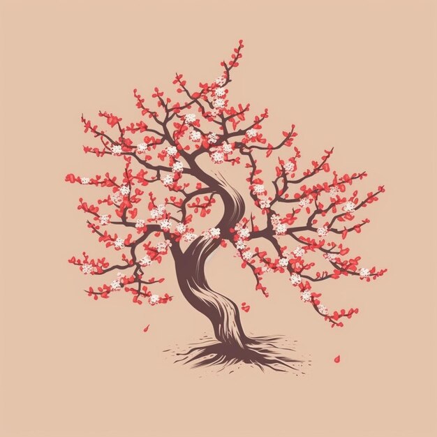 Photo a tree with red flowers on a beige background generative ai