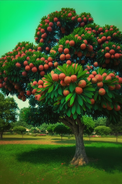 A tree with red fruit on it and the word pomegranate on the side.